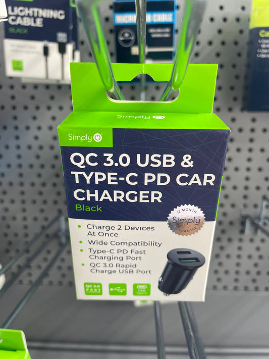 SIMPLY QC 3.0 USB & TYPE-C PD CAR CHARGER BLACK