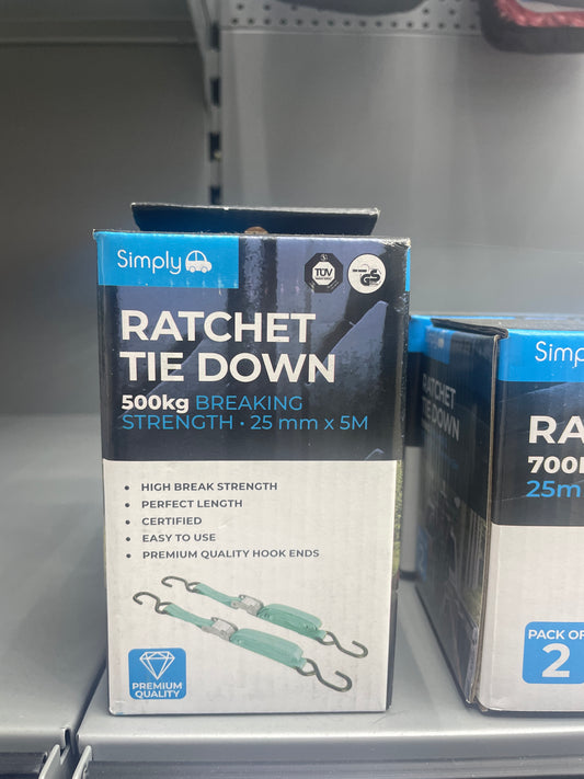 SIMPLY RATCHET TIE DOWN 500KG BREAKING STRENGTH - 25MMx5M
