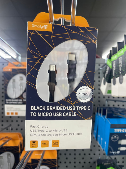 SIMPLY BLACK BRAIDED USB TYPE-C TO MICRO USB CABLE