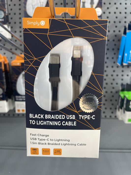 SIMPLY BLACK BRAIDED USB TYPE-C TO LIGHTNING CABLE