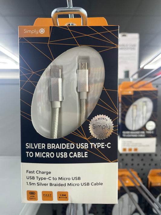 SIMPLY SILVER BRAIDED USB TYPE-C TO MICRO USB CABLE