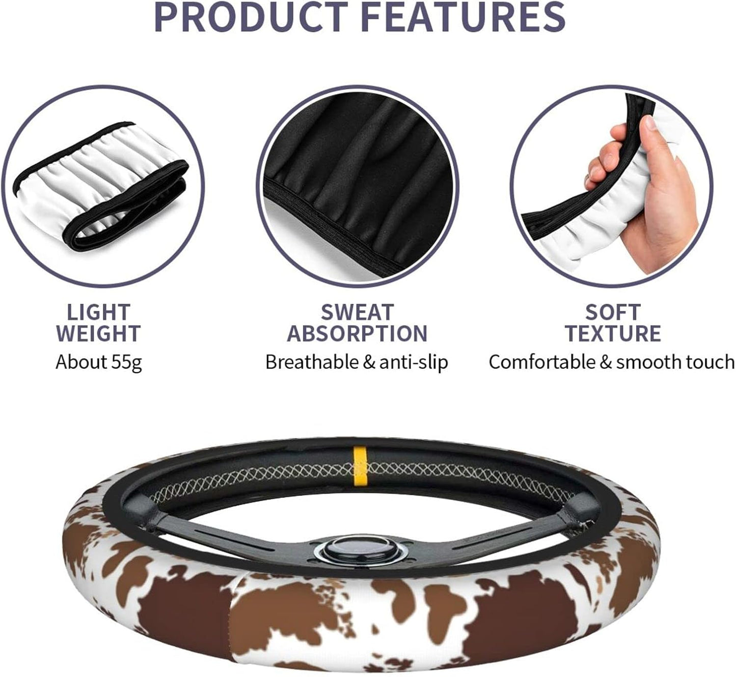 Brown Cow Print Steering Wheel Cover Universal 15 Inches for Women Men, Neoprene Anti-Slip Cute Car Steering Wheel Grip Wrap Car Accessories Protective Case Cover for Vehicle Truck SUV¡­