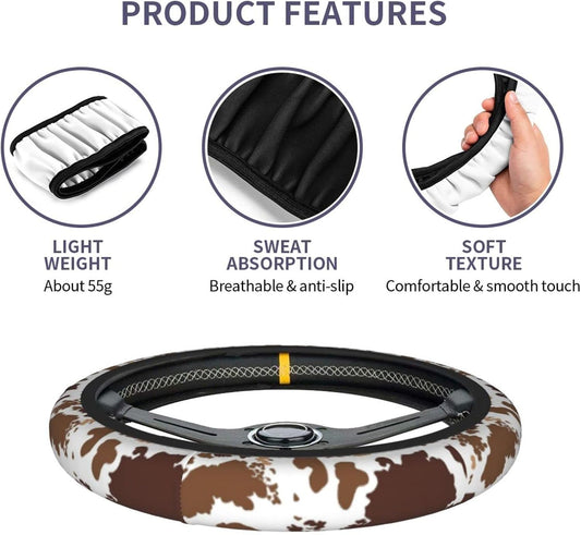 Brown Cow Print Steering Wheel Cover Universal 15 Inches for Women Men, Neoprene Anti-Slip Cute Car Steering Wheel Grip Wrap Car Accessories Protective Case Cover for Vehicle Truck SUV¡­